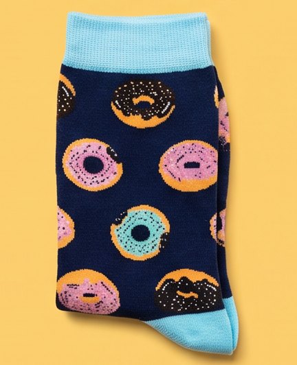 Navy moJJa crew socks with sprinkled donuts and light blue cuffs