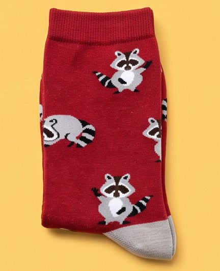 Red moJJa crew socks with dancing raccoons and grey heels