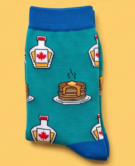 Teal moJJa crew socks with pancake stacks and maple syrup bottles and blue cuffs