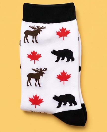 White moJJa crew socks with moose, bears and red maple leaves and black cuffs