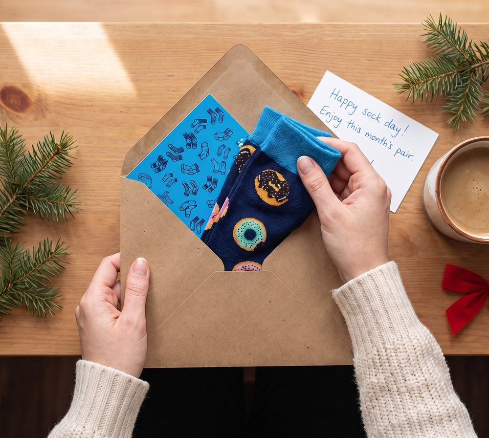 Hands opening a kraft envelope with a new pair of moJJa donut socks and a Happy sock day note